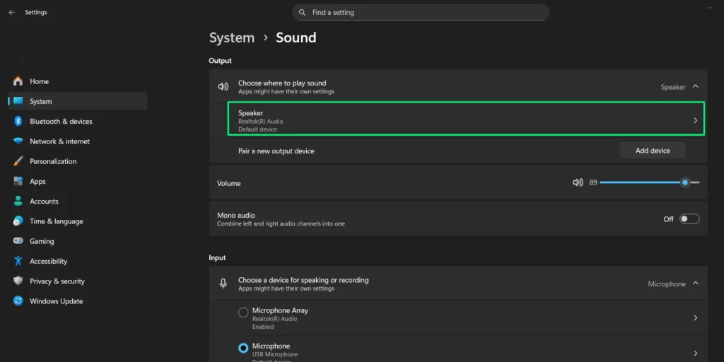 In the Sound settings window, click 'Device properties' under the Output section to open the panel for configuring advanced audio settings.