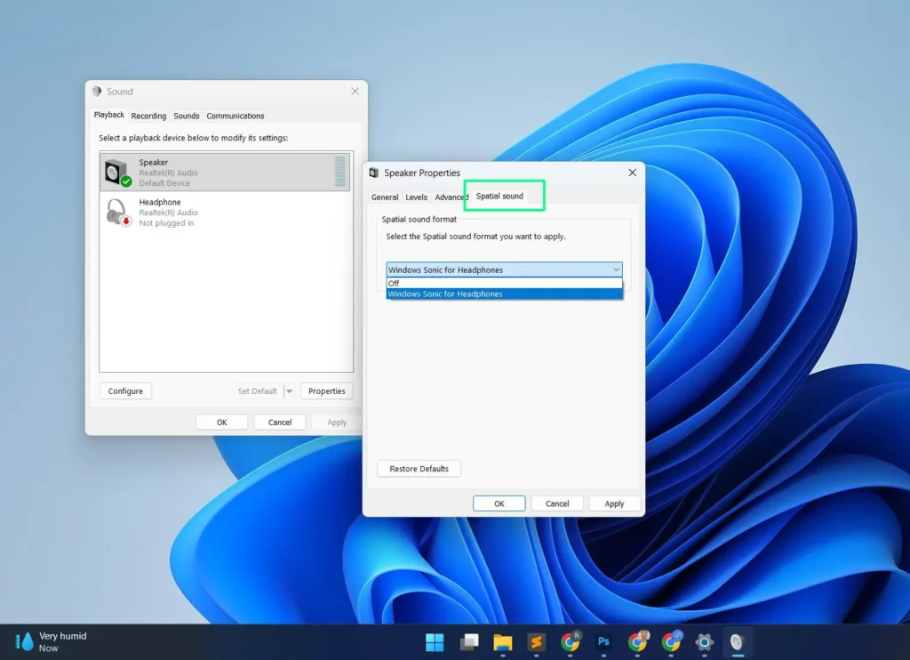 In the Sound window, double-click your active audio device under the Playback tab and go to the Spatial sound tab to enable Windows Sonic or Dolby Atmos.