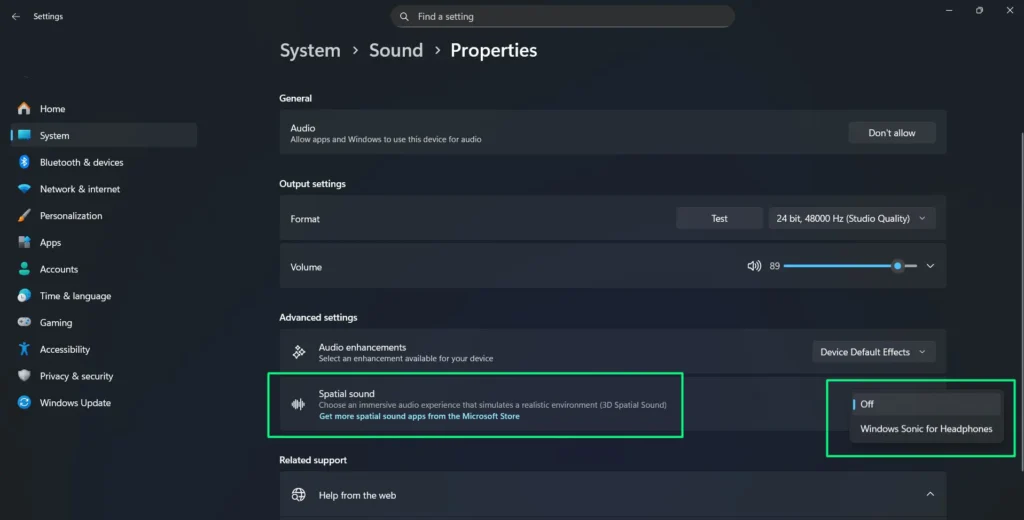In the device properties, open the Spatial sound dropdown—usually set to Off—to choose Windows Sonic for Headphones or Dolby Atmos for Headphones if installed.