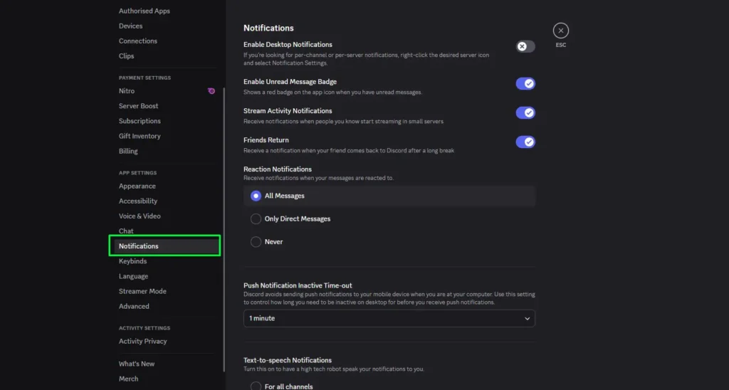 Once the settings window opens, navigate to the left sidebar and select Notifications.