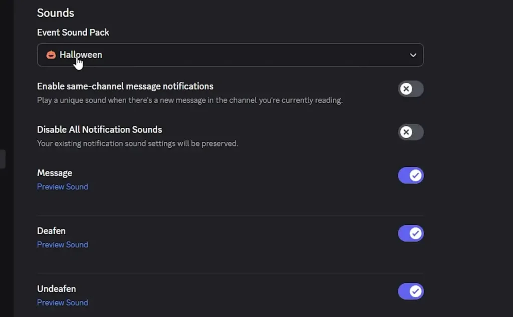 Scroll down within the Notifications settings until you find the 'Event Sound Pack' section