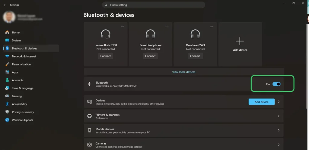 Turn Bluetooth On or Off on Windows Setting