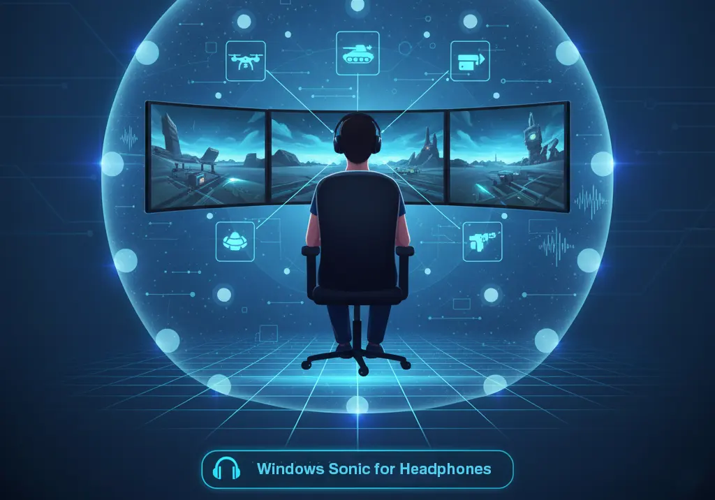 A person wearing headphones is centered within a glowing sphere representing virtual surround sound.