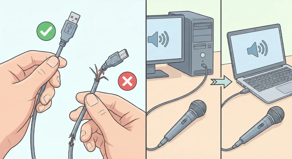 A diagram showing how to check a microphone cable for damage and test it on a second computer.