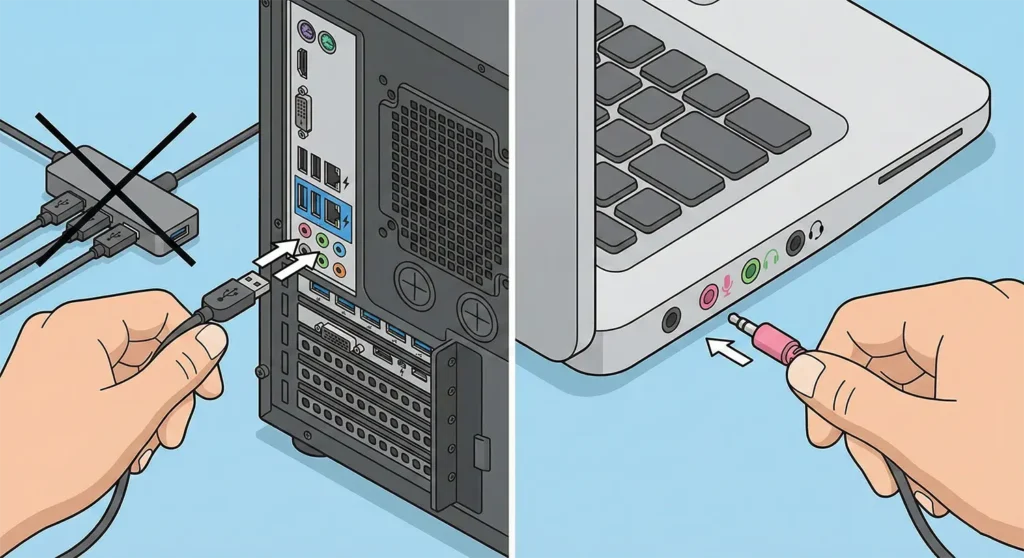 A split illustration demonstrating the correct ports for connecting USB and 3.5mm microphones to a computer.