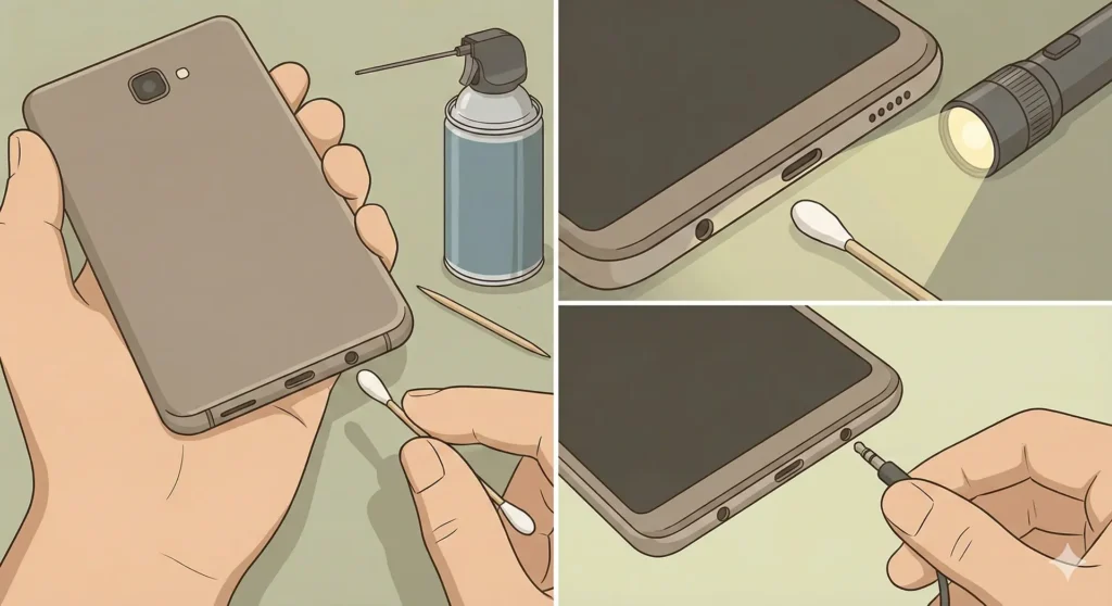 A step-by-step illustration demonstrates how to inspect and clean a smartphone headphone jack using a flashlight and cotton swab to remove debris.