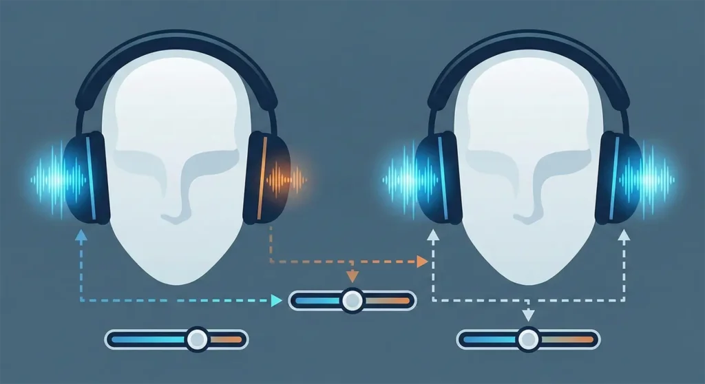 A stylized illustration depicting headphones with a slider mechanism adjusting the volume balance between the left and right ears.