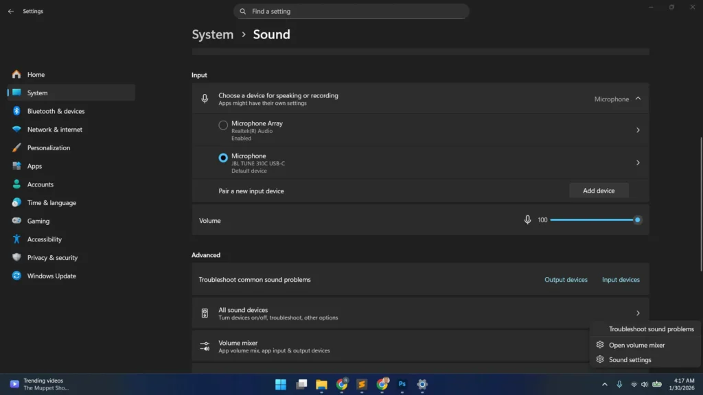 Accessing Audio Input Settings in Windows 11