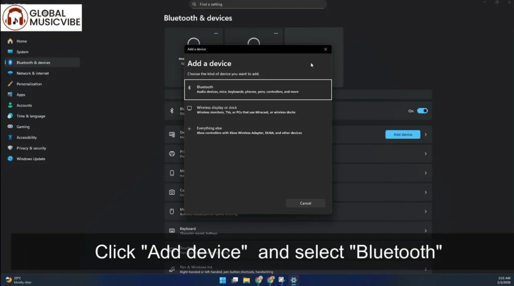 Click Add device and select Bluetooth