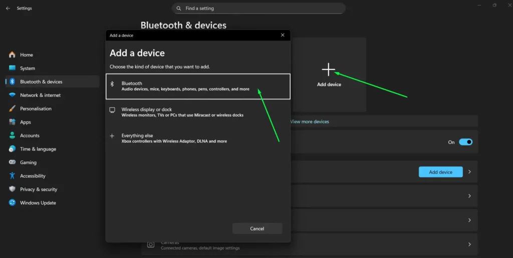 Click ‘Add device’ to pair new Bluetooth peripherals when Bluetooth is enabled