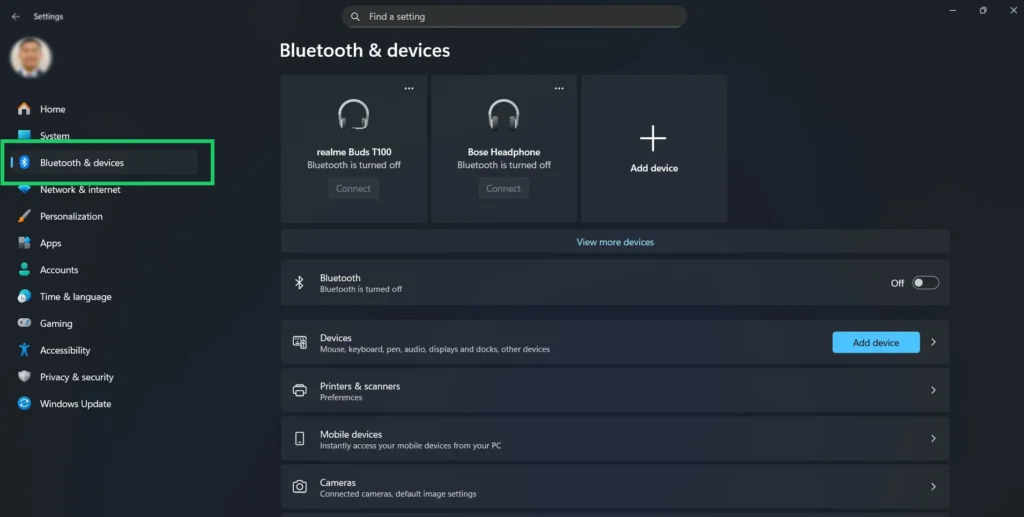 Click ‘Bluetooth & devices’ from the left sidebar menu.