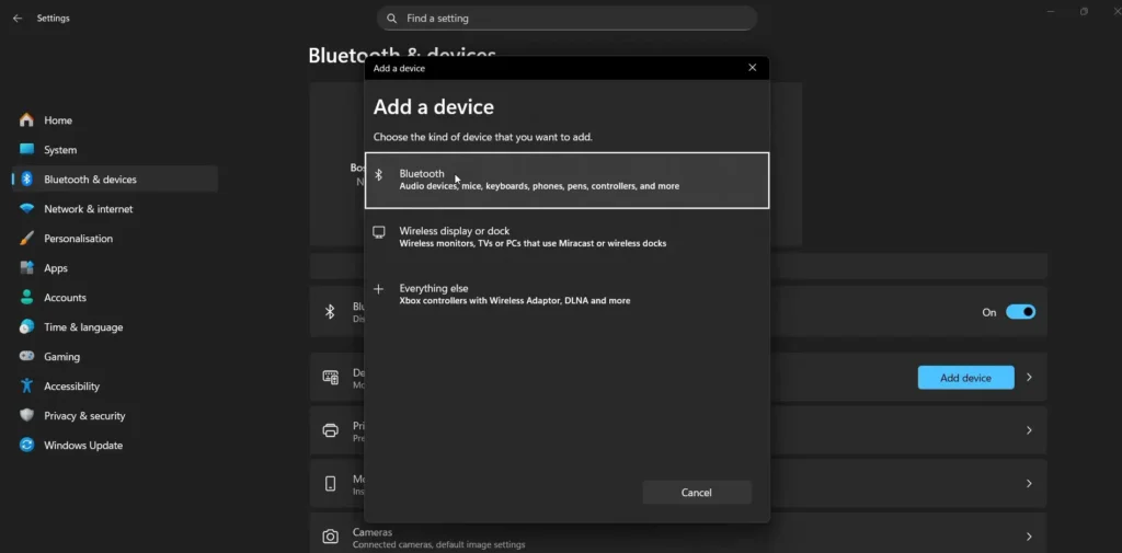 Click Bluetooth — the first option — which covers audio devices, mice, keyboards, phones, and more.