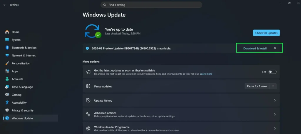 Click 'Download & install' to download all available updates