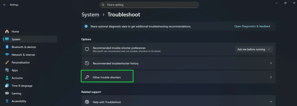 Click 'Other troubleshooters'