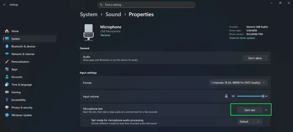 Click 'Start test' under the Test your microphone section to verify your microphone is capturing audio properly.