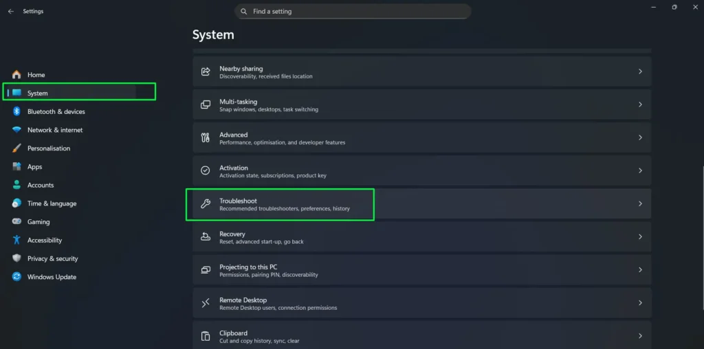 Click 'System' in the left sidebar then Scroll down and select 'Troubleshoot'