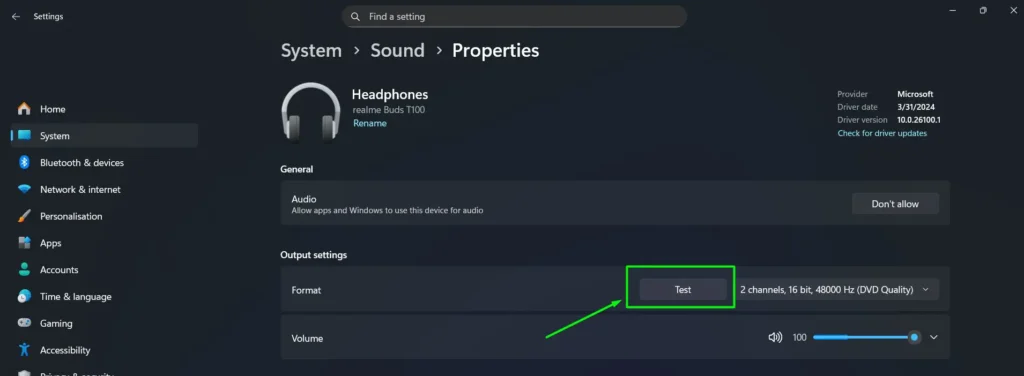 Click Test to confirm audio is playing from both earbuds in stereo