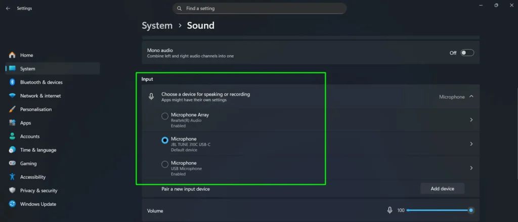 Click on your preferred microphone from the device list. The selected device immediately becomes the system default input