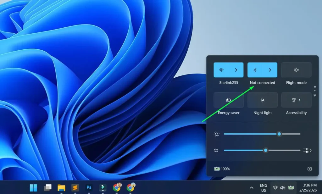 Click the Bluetooth tile once to toggle it on or off