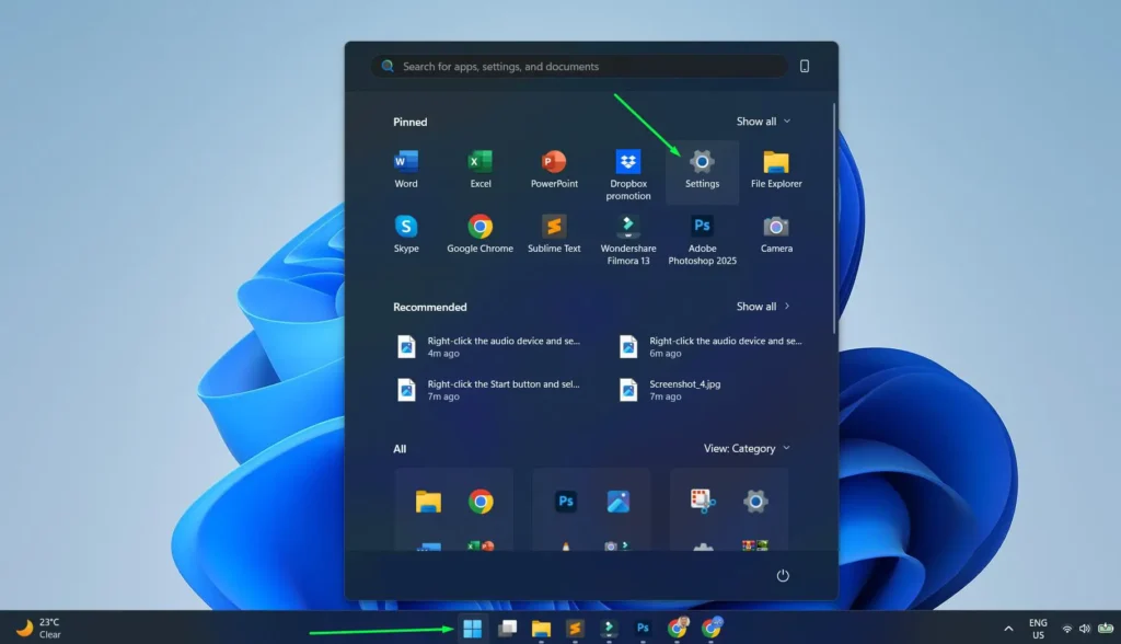 Click the Start menu and go to Settings