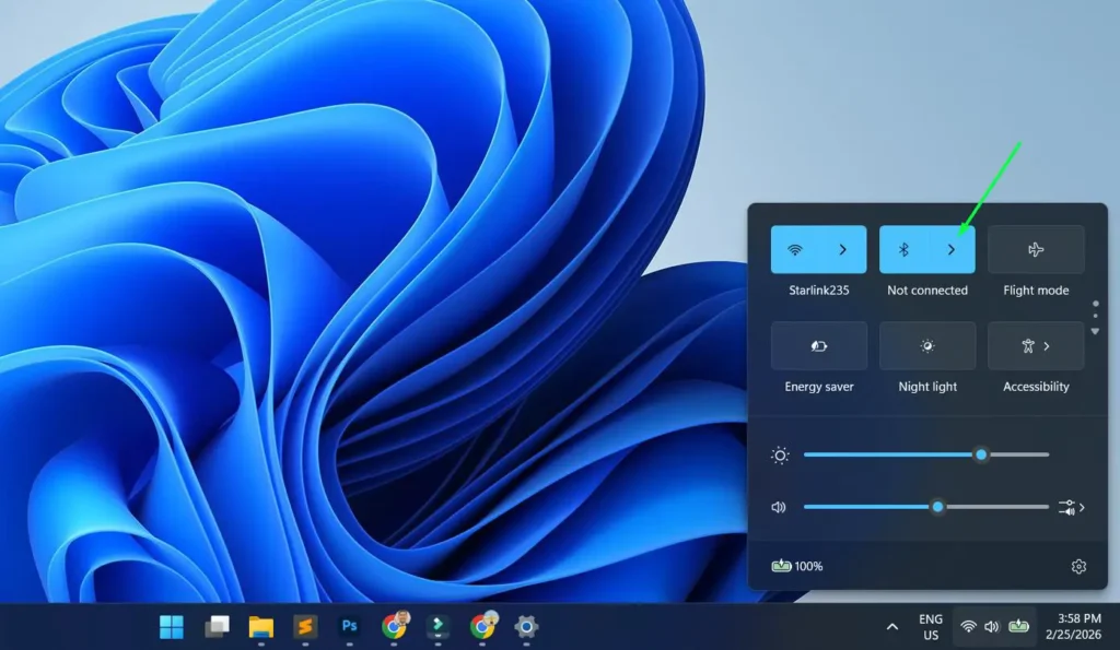 Click the arrow on the right side of the Bluetooth tile to see available Bluetooth devices to connect