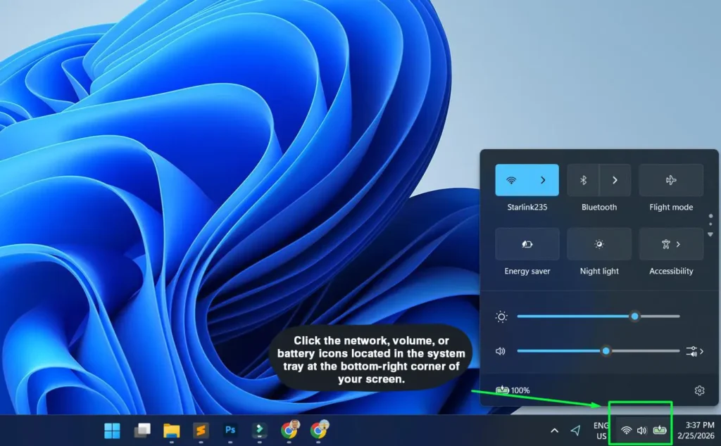 Click the network, volume, or battery icons located in the system tray at the bottom-right corner of your screen.