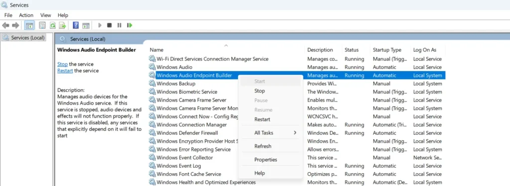 Do the same for Windows Audio Endpoint Builder — right-click it and select Restart