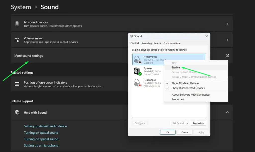 Enable disabled headphones in Sound Settings