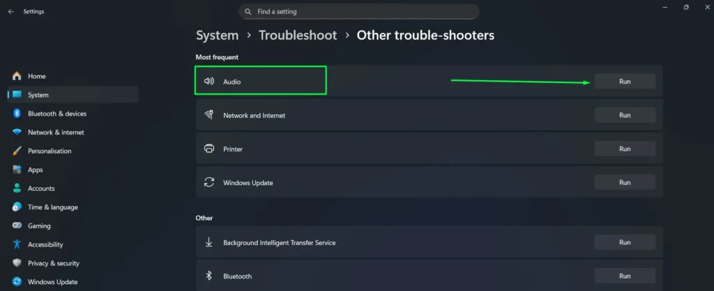 Find 'Audio' and click 'Run'