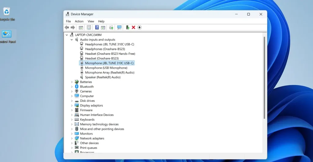 Find the microphone under 'Audio inputs and outputs'