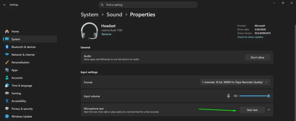 Go to Settings > System > Sound, scroll to Input, and click the arrow next to your mic. Click Start test, speak normally, and watch the progress bar