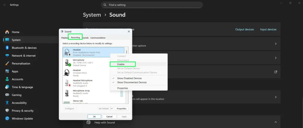 Go to the 'Recording' tab and Right-click the disabled microphone then Select 'Enable'