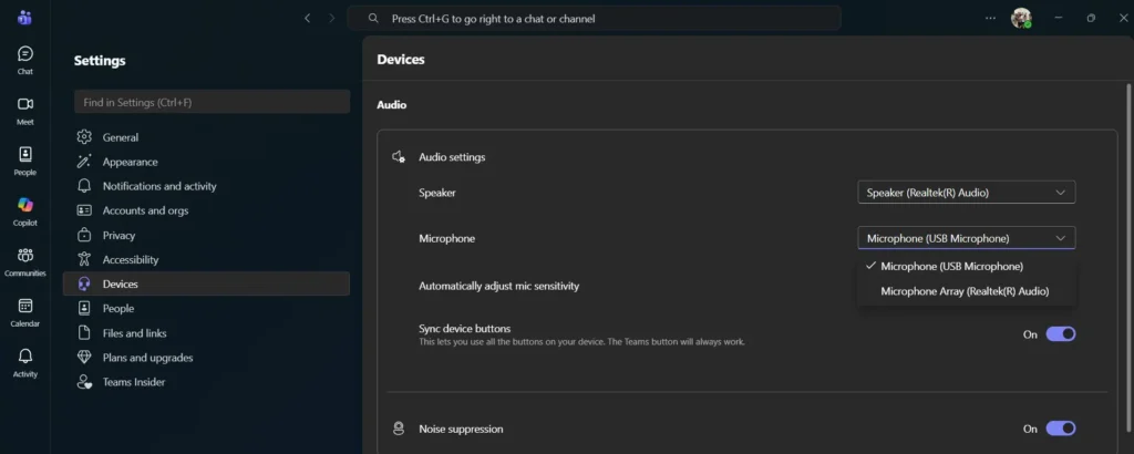 In Microsoft Teams, open Settings, go to Devices, and choose your preferred microphone from the list instead of the Windows default