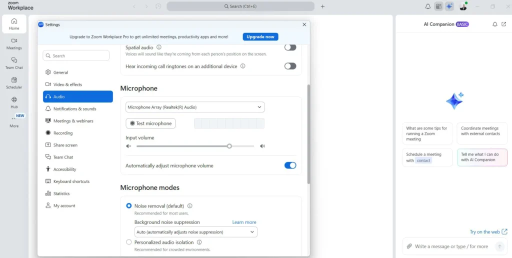 In Zoom, open Settings, go to Audio, and select your preferred microphone for all calls