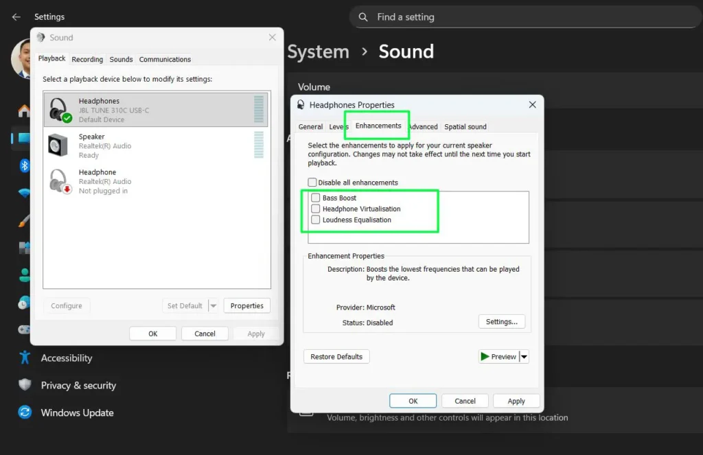 In the Properties window, click the 'Enhancements' tab to view available audio processing options