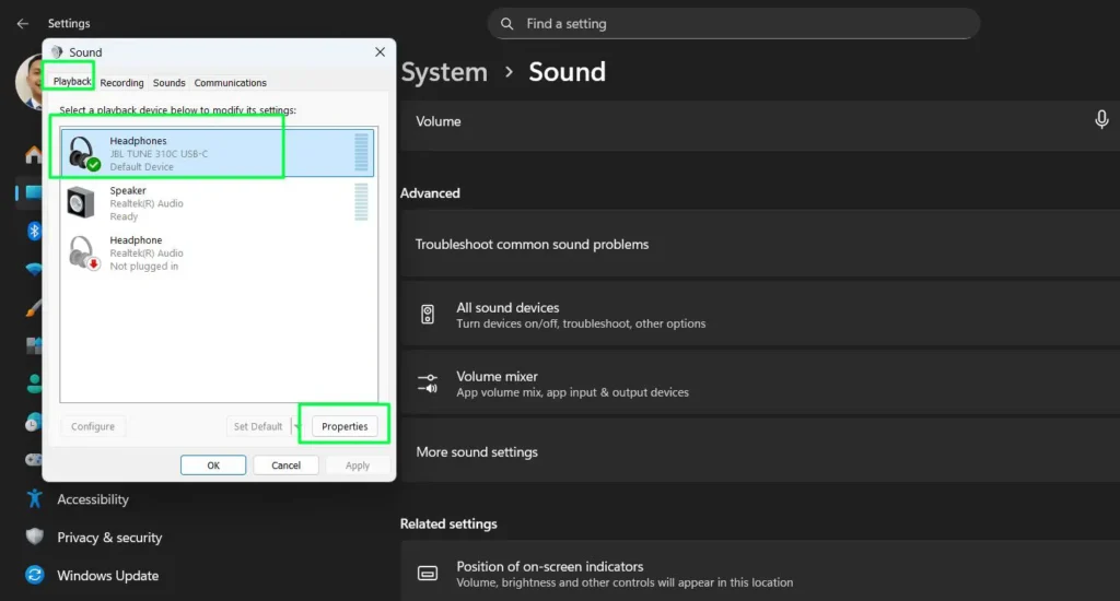 In the Sound window, click the 'Playback' tab, right-click your audio device, and select 'Properties'