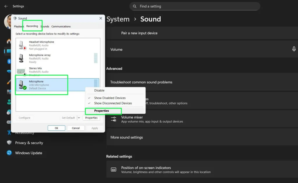 In the Sound window, click the 'Recording' tab and Locate your active microphone in the list then Right-click your microphone and select 'Properties'