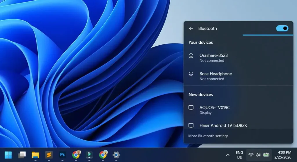 In the expanded view, click a device under Your devices to reconnect, or choose one under New devices to pair a new Bluetooth device.