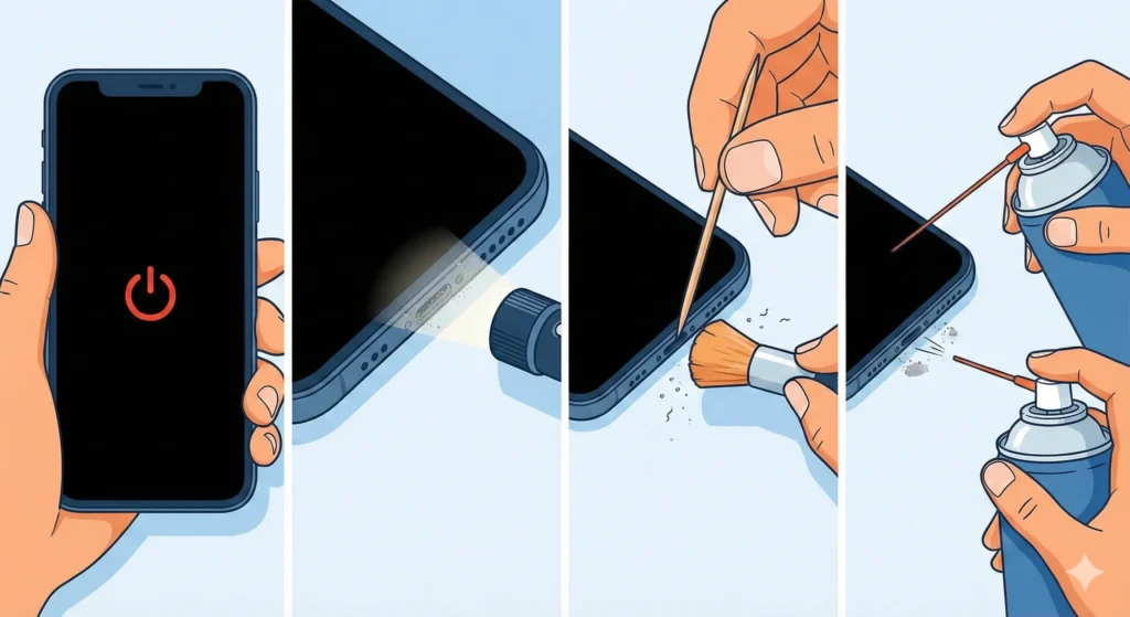 A four-panel illustration demonstrates the process of cleaning a smartphone's charging port by powering it off, inspecting it with a flashlight, and then removing debris using a toothpick, brush, and compressed air.