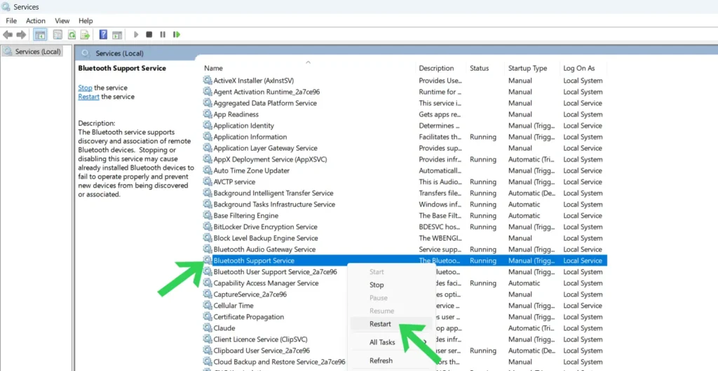 Locate Bluetooth Support Service, right-click, and select Restart