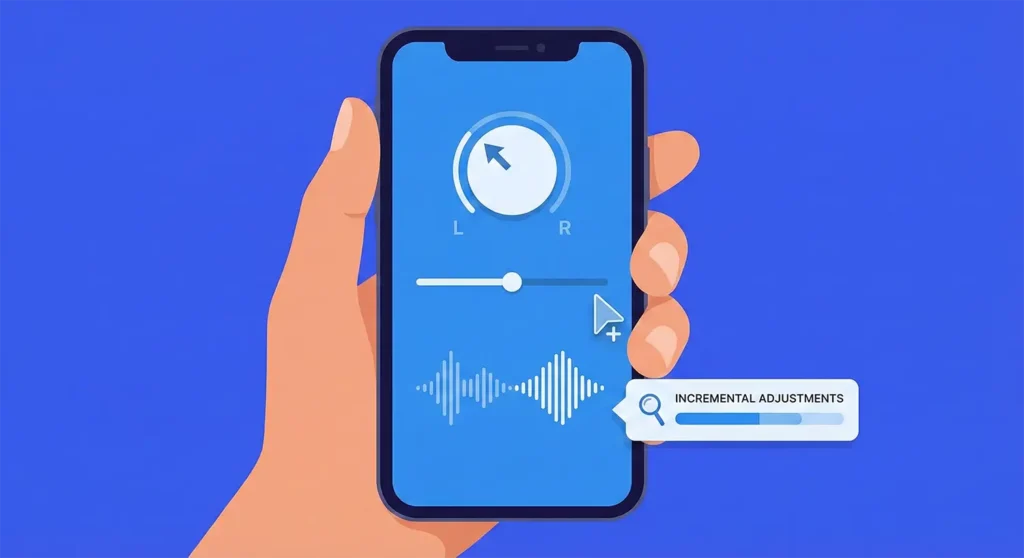 A hand holding a smartphone making fine, incremental adjustments to an audio balance slider on the screen.