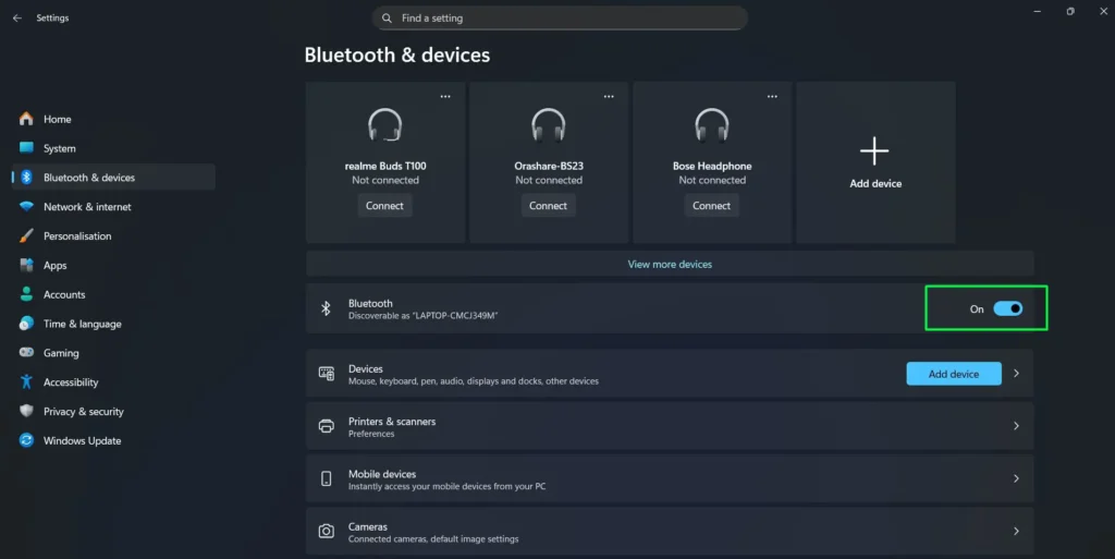 Make sure the Bluetooth toggle is switched ON (shown in blue)