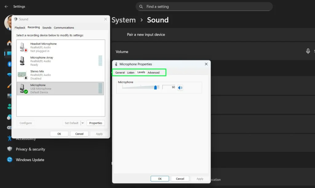 Navigate through the tabs — General, Listen, Levels, Enhancements, and Advanced