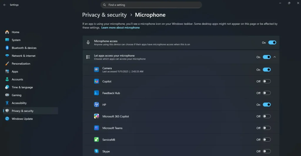 Navigate to Windows Settings > Privacy & Security > Microphone and ensure that microphone access is enabled both system-wide and for specific applications you want to use.