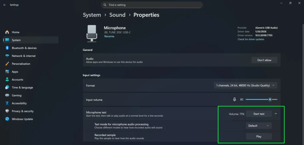 Once the test completes, a ‘Volume’ percentage result will appear next to the ‘Start test’ button