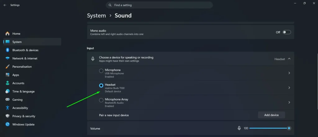 Open Settings > System > Sound > Input. Your Bluetooth headset should appear as a separate input device. Select it to set it as the default.