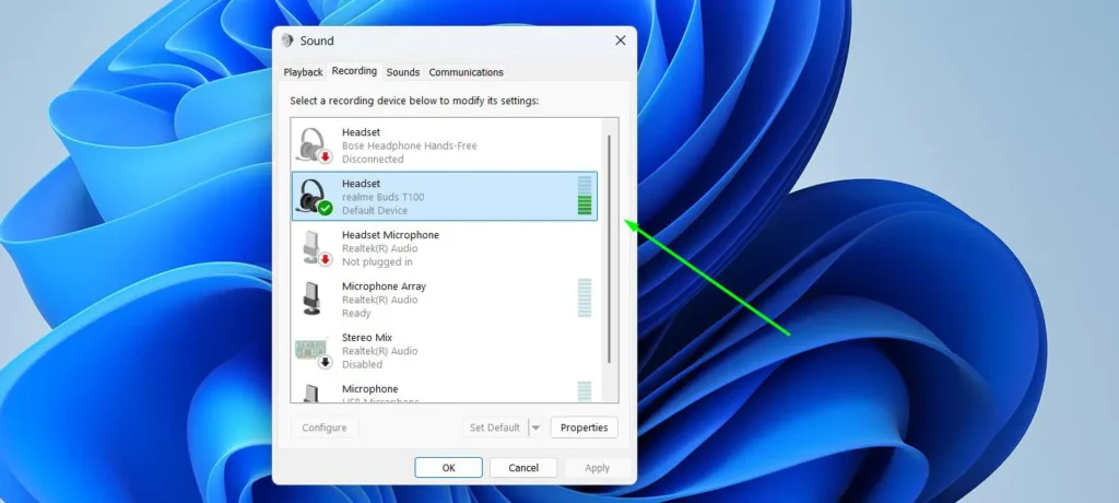 Open the Sound Control Panel via mmsys.cpl – Recording tab. Watch for green bars next to your mic when you speak