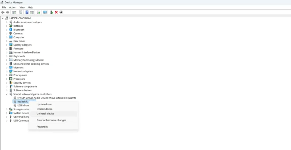 Open Device Manager and expand Sound, video and game controllers. Right-click your audio device and select Uninstall device.