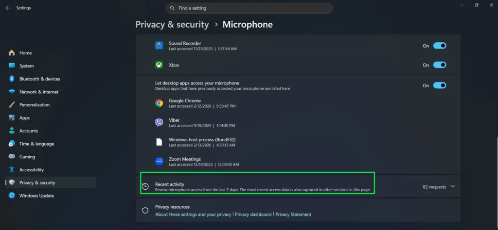 Review the Recent activity section, which shows microphone access requests