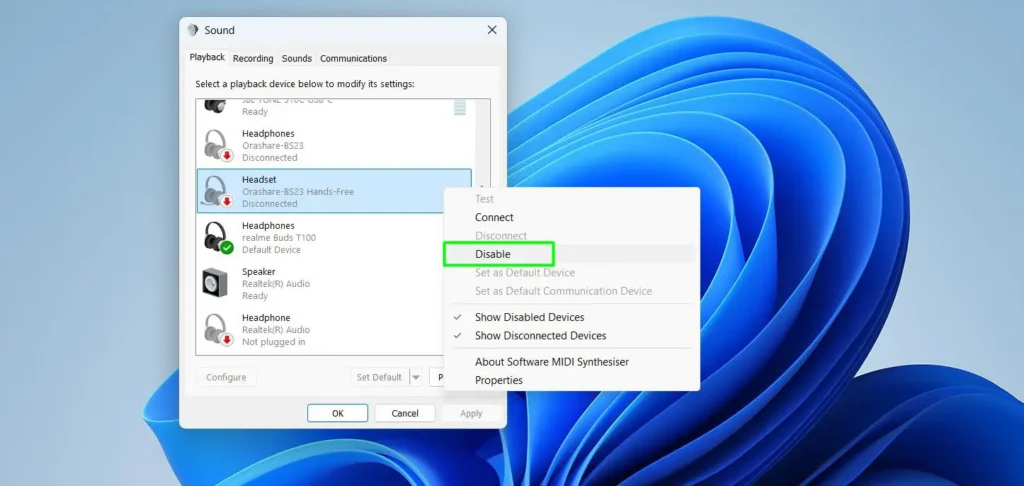 Right-click on the Hands-free version and select Disable if you don’t need microphone functionality